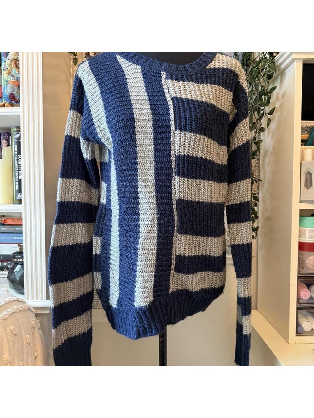 Level Eight Navy Gray Asymmetric Striped Knit Sweater